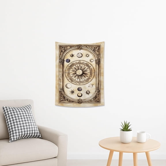 Astrological Celestial Tapestry, Vintage Beige Wall Hanging with Sun and Moon, Decorative Home Accents for Living Room, Bedroom, Dorm 30x40 Inch