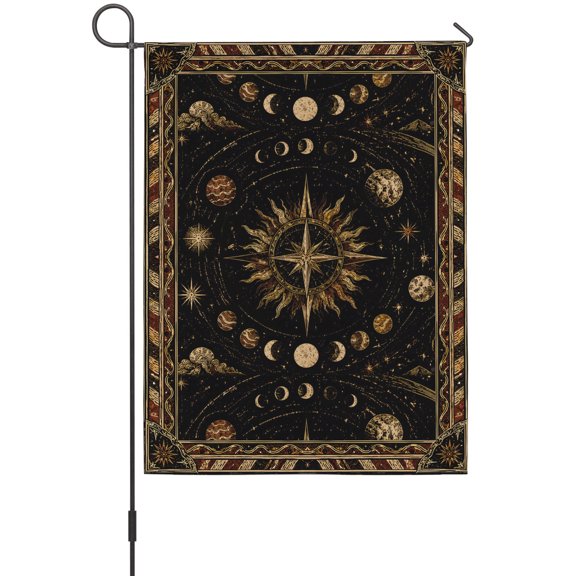 Astrological Garden Flags For Outdoor, Ring of Moon Phases Amber Gold Planets Goth Esoteric Small Double Side Yard Flags Weather Proof Garden Decor for Lawn Outside Holiday 12 x 18 Inches