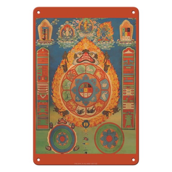 Astrological Mandala of Srid Pa Ho - Protective Talisman - Vintage Tibetan Thangka Buddhist Painting - Tibet, 19th Century - 8 x 12 inch Vintage Metal Tin Sign