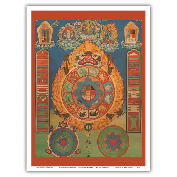 Astrological Mandala of Srid Pa Ho - Protective Talisman - Vintage Tibetan Thangka Buddhist Painting - Tibet, 19th Century - Master Art Print (Unframed) 9in x 12in