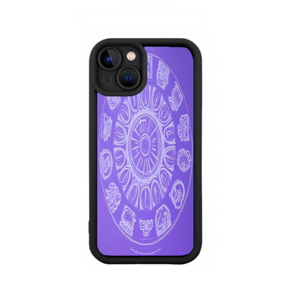 Astrological Mystical Pattern iPhone 15 Case - Lightweight Yellowing Resistant Black Border with Purple Background Intricate Design