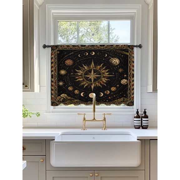 Astrological Sheer Curtains 45 Inch Long 1 Panel Ring of Moon Phases Amber Gold Planets Goth Esoteric Rod Pocket Voile Curtains Light Filtering Small Window Treatments for Kitchen Basement 52" x 45"