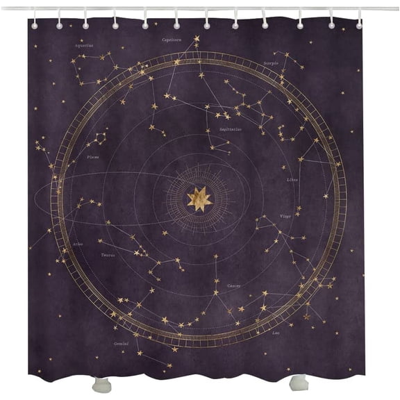 Astrological Star Map Shower Curtains for Bathroom 72X72 Inches,Planetary orbits Zodiac Constellations Dark Purple Polyester Fabric Shower Curtains Set with 12 Hooks