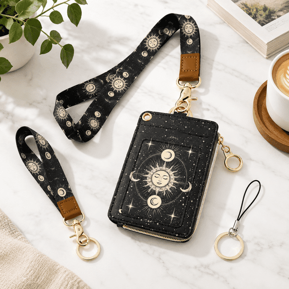 Astrological Sun and Moon PU Leather Badge & ID Holder Wallet with Removable Lanyards
