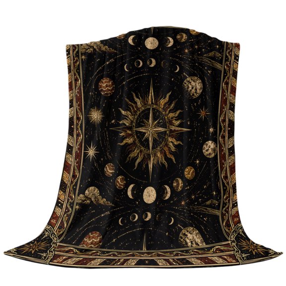 Astrological Throw Flannel Blanket Ring of Moon Phases Amber Gold Planets Goth Esoteric Super Soft Cozy Bed Blanket, Lightweight Plush Fuzzy Bed Throw for Bedroom Sofa Couch Living Room 40x50In