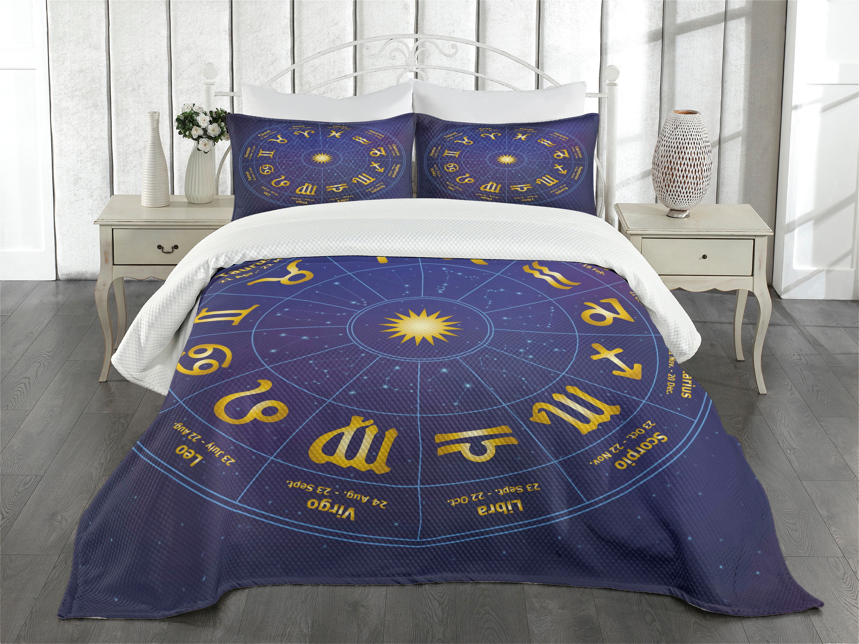 Astrology Bedspread Set King Size, Horoscope Zodiac Signs with Birth