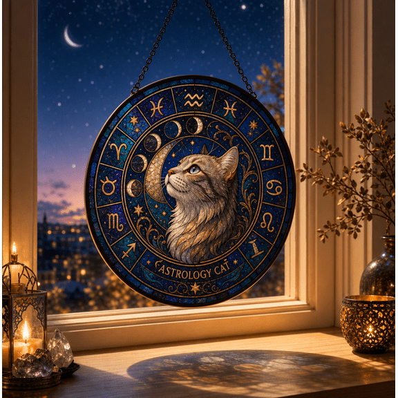 Astrology Cat Stained Glass Suncatcher Zodiac Wheel Window Hanging Gift