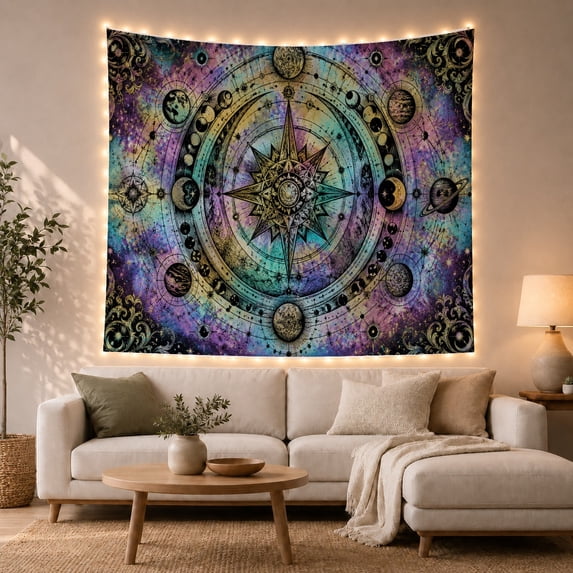 Astrology Compass with Planets and Moon Phases, Mystical Boho Style for Astrology Fans, Celestial Wall Decor, Housewarming Gift, Tapestry Wall Hanging for Bedroom and Dorm