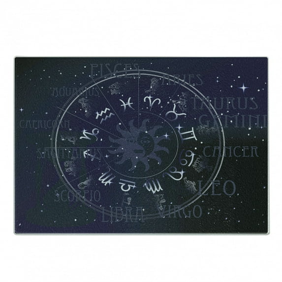 Astrology Cutting Board, Horoscope Zodiac Sign in Circle Wheel Shape on Star Seem Backdrop Print, Decorative Tempered Glass Cutting and Serving Board, Small Size, Dark Blue and White, by Ambesonne