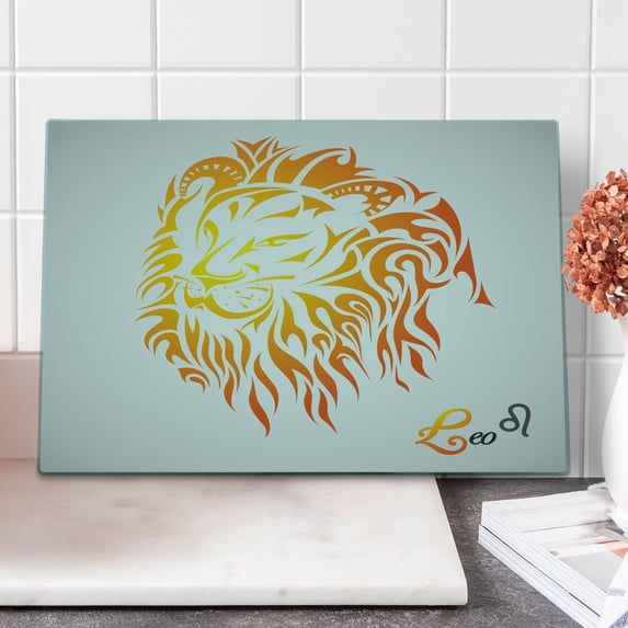 Astrology Cutting Board, Leo Zodiac Sign on Plain Background Sun Mystic Lion Self Power Universe Theme, Decorative Tempered Glass Cutting and Serving Board, Large Size, Orange, by Ambesonne