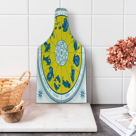 Astrology Cutting Board, Modern Original Zodiac Natal Chart with Colorful Esoteric Design Print, Decorative Tempered Glass Cutting and Serving Board, Wine Bottle Shape, Yellow Blue, by Ambesonne