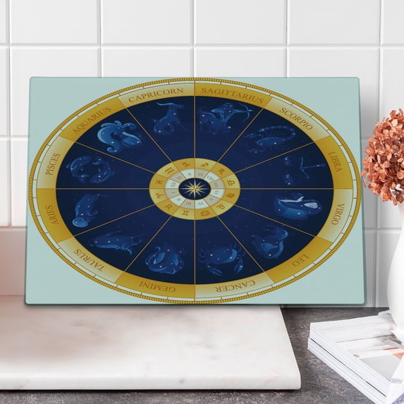 Astrology Cutting Board, Natal Birth Chart Zodiac Horoscope Signs in Wheel Shape with Dots Stars, Decorative Tempered Glass Cutting and Serving Board, Large Size, Blue White Orange, by Ambesonne