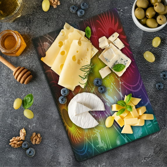 Astrology Cutting Board, Ombre Rainbow Colored Abstract Image with Asrological Sun Shapes Spots, Decorative Tempered Glass Cutting and Serving Board, Small Size, Multicolor, by Ambesonne
