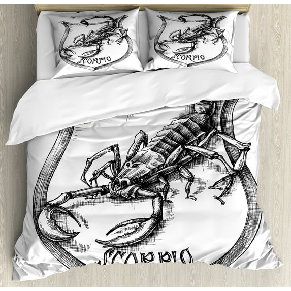 Astrology Duvet Cover Set, Black and White Heraldry Zodiac Scorpio Image Graphic with Claws Stars Design, Decorative 3 Piece Bedding Set with 2 Pillow Shams, Calking Size, Black White, by Ambesonne