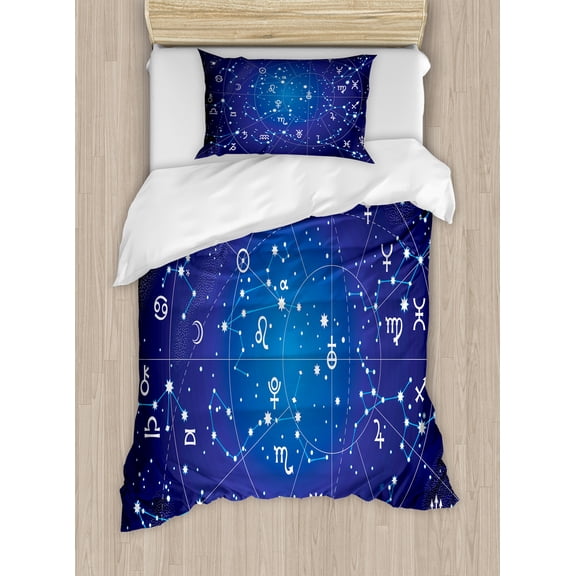Astrology Duvet Cover Set, Constellation of Zodiac and Planets Original Coordinates of Celestial Body Pattern, Decorative 2 Piece Bedding Set with 1 Pillow Shams, Twin Size, Dark Blue, by Ambesonne