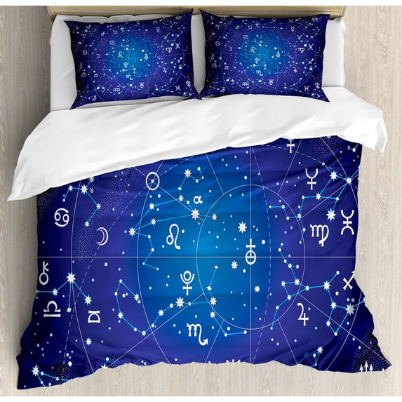 Astrology Duvet Cover Set, Constellation of Zodiac and Planets Original Coordinates of Celestial Body Pattern, Decorative 3 Piece Bedding Set with 2 Pillow Shams, Queen Size, Dark Blue, by Ambesonne