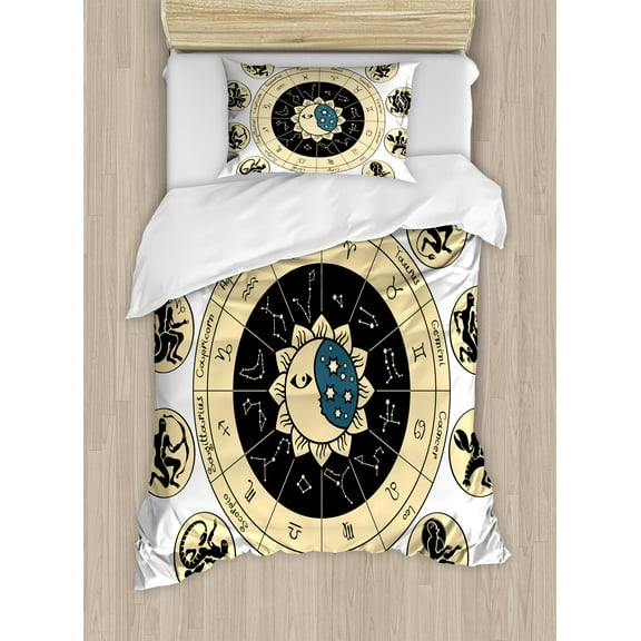 Astrology Duvet Cover Set, Ethnical Tribal Horoscope Chart Signs and Names Image Print, Decorative 2 Piece Bedding Set with 1 Pillow Shams, Twin Size, Black White and Yellow, by Ambesonne