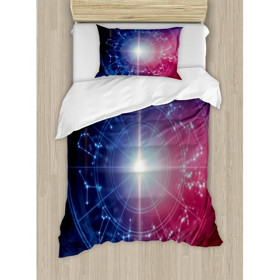 Astrology Duvet Cover Set, Horoscope Geometrical Dots Connected Star Shapes Image, Decorative 2 Piece Bedding Set with 1 Pillow Shams, Twin Size, Blue White and Red, by Ambesonne