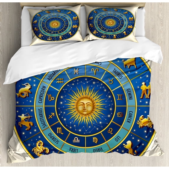 Astrology Duvet Cover Set King Size, Wheel of Astrological Signs Names and Dates with Moon Sun in Middle, Decorative 3 Piece Bedding Set with 2 Pillow Shams, Blue Yellow and Cream, by Ambesonne