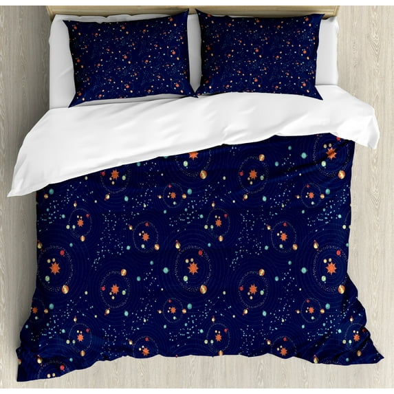 Astrology Duvet Cover Set Queen Size, Solar System Planet Astronomy Cosmos Galaxy Mysterious Universe, Decorative 3 Piece Bedding Set with 2 Pillow Shams, Dark Blue Orange Turquoise, by Ambesonne