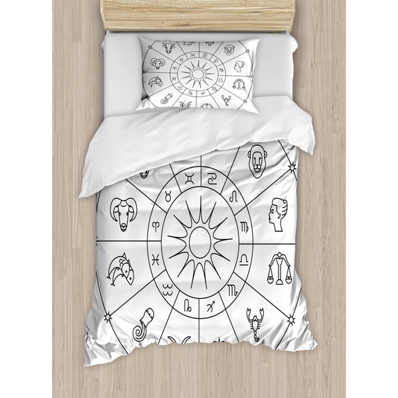 Astrology Duvet Cover Set Twin Size, Sketchy Zodiacal Circle with Astrology Signs Aries Aquarius Pisces Lion Art, Decorative 2 Piece Bedding Set with 1 Pillow Sham, Black and White, by Ambesonne