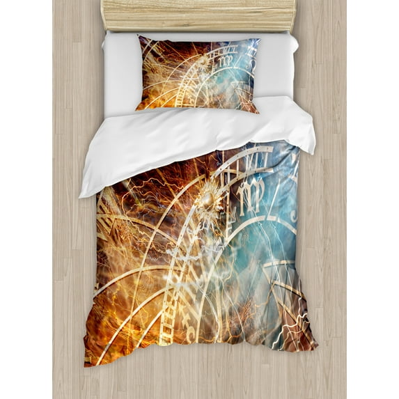 Astrology Duvet Cover Set Twin Size, Travel Design Ancient Old Town Prague Horoscope Clock Czech Republic Art Print, Decorative 2 Piece Bedding Set with 1 Pillow Sham, Multicolor, by Ambesonne