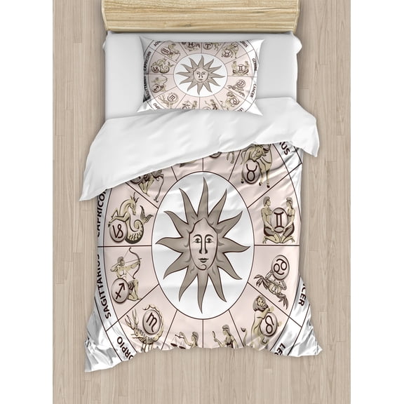 Astrology Duvet Cover Set, Wheel Circle of Zodiac Signs with Sun Seem Image in Center Art Print, Decorative 2 Piece Bedding Set with 1 Pillow Shams, Twin Size, Pale Grey and White, by Ambesonne