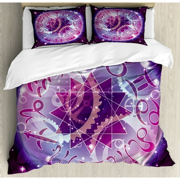 Astrology Duvet Cover Set, Zodiac Circle in Space with Abstract Gender Signs Star Shape Center, Decorative 3 Piece Bedding Set with 2 Pillow Shams, King Size, Purple and Pale Blue, by Ambesonne