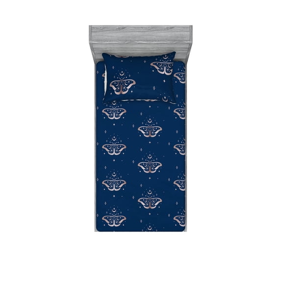 Astrology Fitted Sheet & Pillow Sham Set, Celestial Vibe Boho Sketch Style Moth Pattern With Stars and Moon, Decorative Printed 2 Piece Bedding Decor, Twinxl, Cobalt Blue Pale Eggshell, by Ambesonne