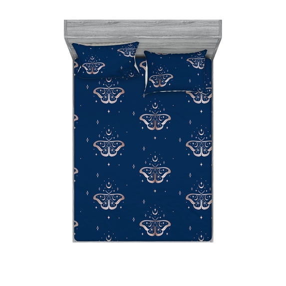 Astrology Fitted Sheet & Pillow Sham Set, Celestial Vibe Boho Sketch Style Moth Pattern With Stars and Moon, Decorative Printed 3 Piece Bedding Decor, Queen, Cobalt Blue Pale Eggshell, by Ambesonne
