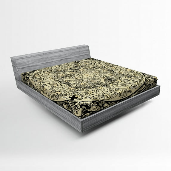 Astrology Fitted Sheet, Series of Mystic Esoteric Old Map with Man with Vintages, Soft Decorative Fabric Bedding, Full Size, Ecru Black, by Ambesonne