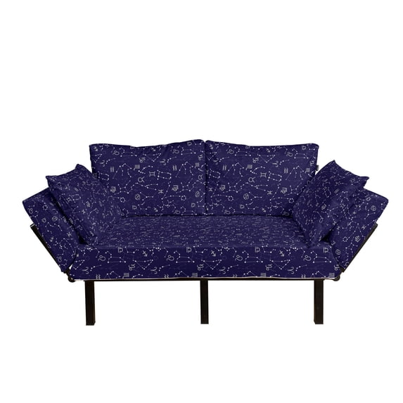 Astrology Futon Couch, Pattern Horoscope Signs and Constellations Cosmic Galactic Movement, Daybed with Metal Frame Upholstered Sofa for Living Dorm, Loveseat, Indigo Grey White, by Ambesonne