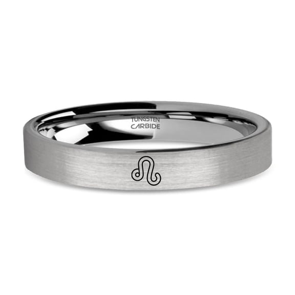 Astrology Leo Lion Symbol Engraved Silver Tungsten Ring, Brushed, 4mm, Size 8