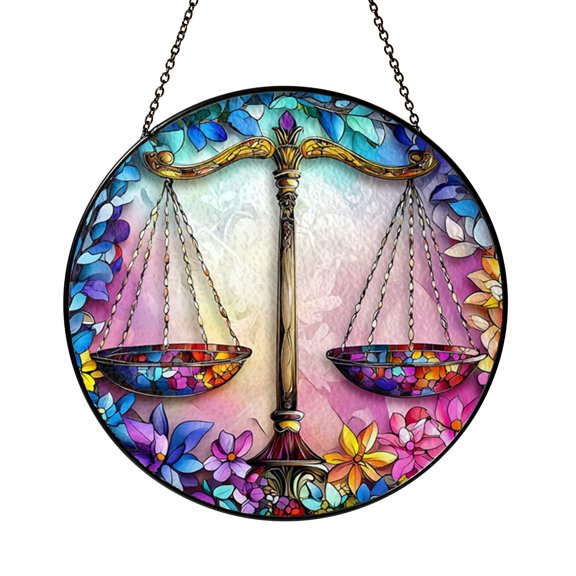 Astrology Libra Window Hanging, Horoscope Scales Faux Stained Glass Suncatcher