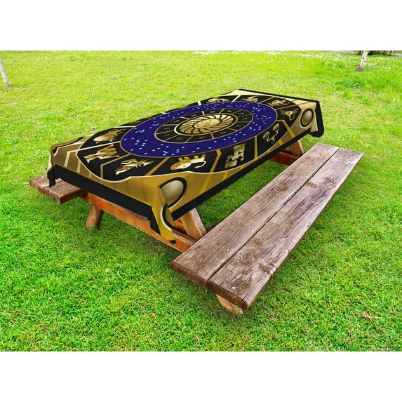 Astrology Outdoor Tablecloth, Plaquet Seem Square Shape and Inner Details Zodiac Horoscope Symbol, Decorative Washable Fabric Picnic Tablecloth, 58 X 104 Inches, Black Gold and Navy Blue, by Ambesonne