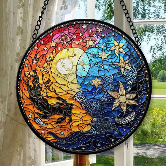 Astrology Piscesual Glow in The Dark Stained Glass Window Hanging by Clare Donovans, Cat Butterfly Sunflower Handcrafted Stained Glass Suncatchers, Gift for Lovers Nature Lovers