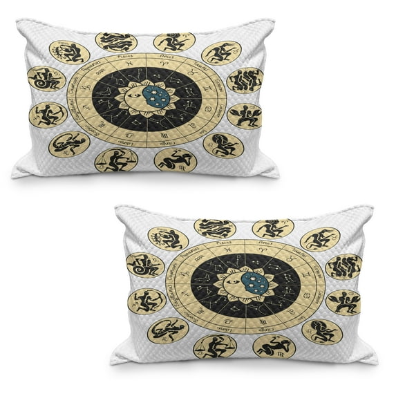 Astrology Quilted Pillowcover Set of 2, Ethnical Tribal Horoscope Chart Signs and Names Image Print, Standard Queen Size Pillow Cover for Bedroom, 36" x 20", Black White and Yellow, by Ambesonne