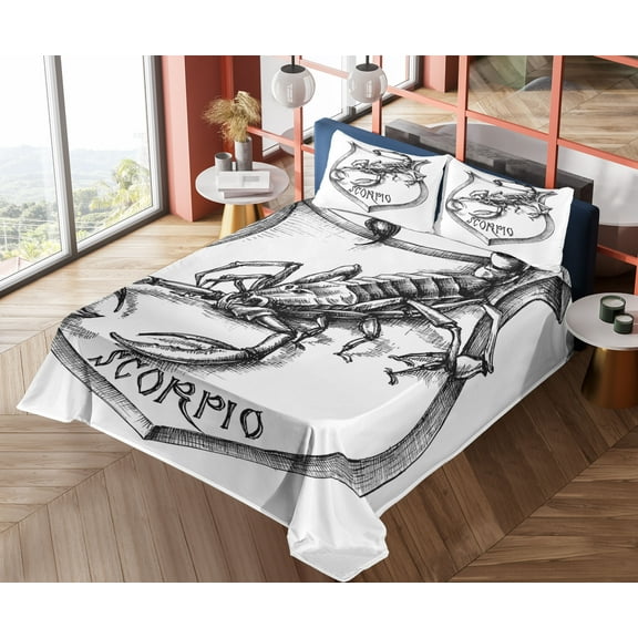 Ambesonne Zodiac Fitted & Top Sheet Set with Shams, Black and White Scorpio, Black White