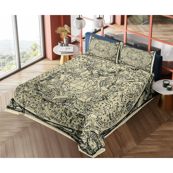 Ambesonne Astrology Fitted & Top Sheet Set with Shams, Map, Ecru Black