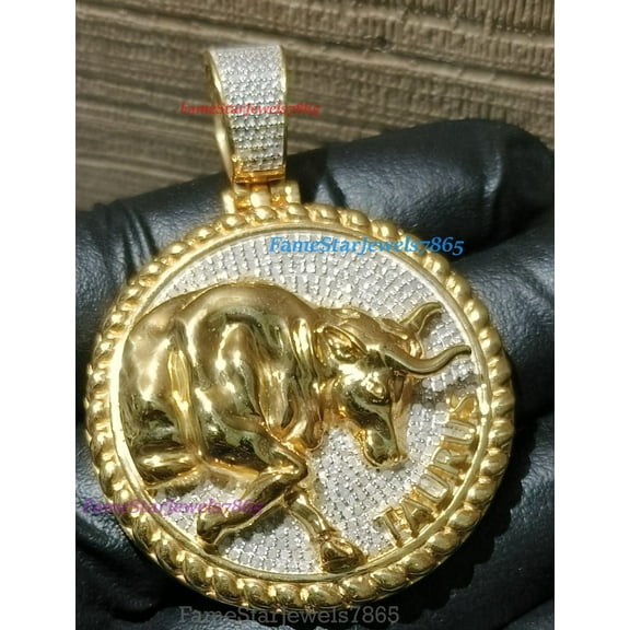 Astrology Sign 'Taurus' Bull 925 Real Horoscope for Zodiac Signs Sterling Silver Moissanite Pendant with 14K Yellow Gold Plated, Men Women