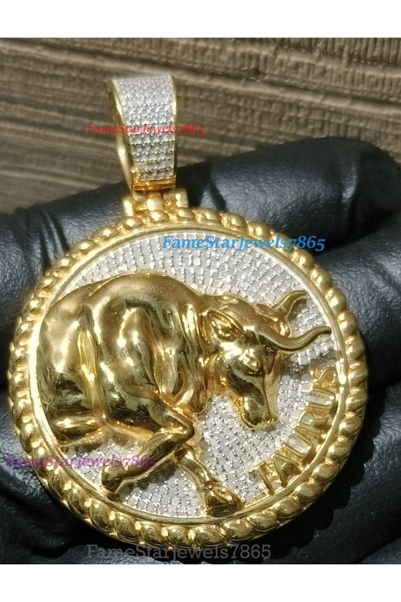 Astrology Sign 'Taurus' Bull 925 Real Horoscope for Zodiac Signs Sterling Silver Moissanite Pendant with 14K Yellow Gold Plated, Men Women