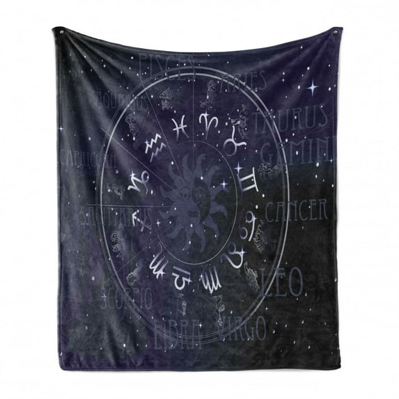 Astrology Soft Flannel Fleece Blanket, Horoscope Zodiac Sign in Circle Wheel Shape on Star Seem Backdrop Print, Cozy Plush for Indoor and Outdoor Use, 70" x 90", Dark Blue and White, by Ambesonne