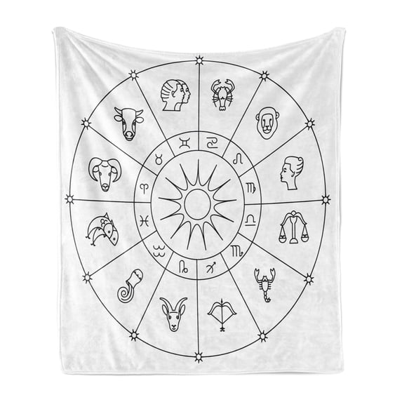 Astrology Soft Flannel Fleece Blanket, Sketchy Zodiacal Circle with Astrology Signs Aries Aquarius Pisces Lion Art, Cozy Plush for Indoor and Outdoor Use, 60" x 80", Black and White, by Ambesonne