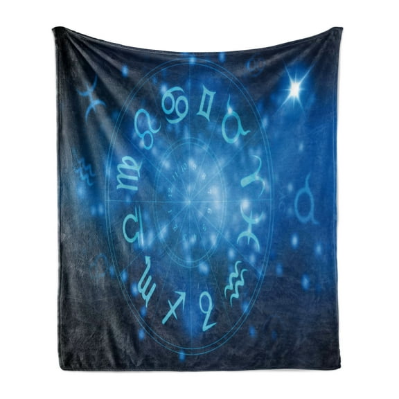 Astrology Soft Flannel Fleece Throw Blanket, Abstract Horoscope Wheel with Signs Aquarius Lion Taurus Libra, Cozy Plush for Indoor and Outdoor Use, 70" x 90", Navy Blue Sky Blue, by Ambesonne