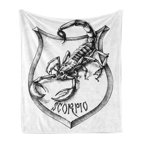 Astrology Soft Flannel Fleece Throw Blanket, Black and White Heraldry Zodiac Scorpio Image Graphic with Claws Stars Design, Cozy Plush for Indoor and Outdoor Use, 50" x 70", Black White, by Ambesonne