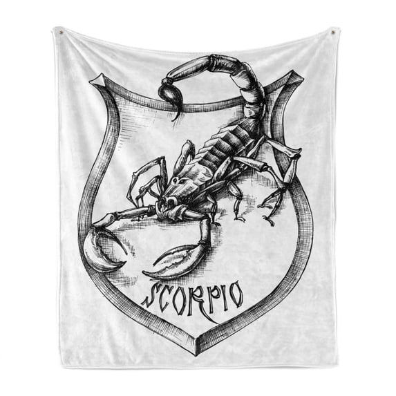 Astrology Soft Flannel Fleece Throw Blanket, Black and White Heraldry Zodiac Scorpio Image Graphic with Claws Stars Design, Cozy Plush for Indoor and Outdoor Use, 70" x 90", Black White, by Ambesonne