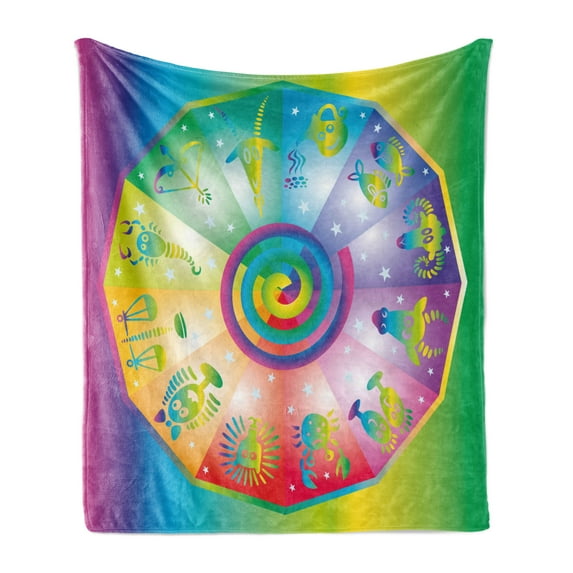 Astrology Soft Flannel Fleece Throw Blanket, Hippie Style Rainbow Colored Stars Backdrop with Horoscope Signs Image, Cozy Plush for Indoor and Outdoor Use, 60" x 80", Multicolor, by Ambesonne