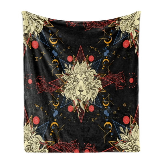 Astrology Soft Flannel Fleece Throw Blanket, Medieval Lion Portraits Astrological of Zodiac Antique Style, Cozy Plush for Indoor and Outdoor Use, 60" x 80", Multicolor, by Ambesonne