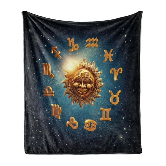 Astrology Soft Flannel Fleece Throw Blanket, Signs Surrounds a Moon Sun in Space with Stardust Nebula, Cozy Plush for Indoor and Outdoor Use, 60" x 80", Dark Blue Orange, by Ambesonne