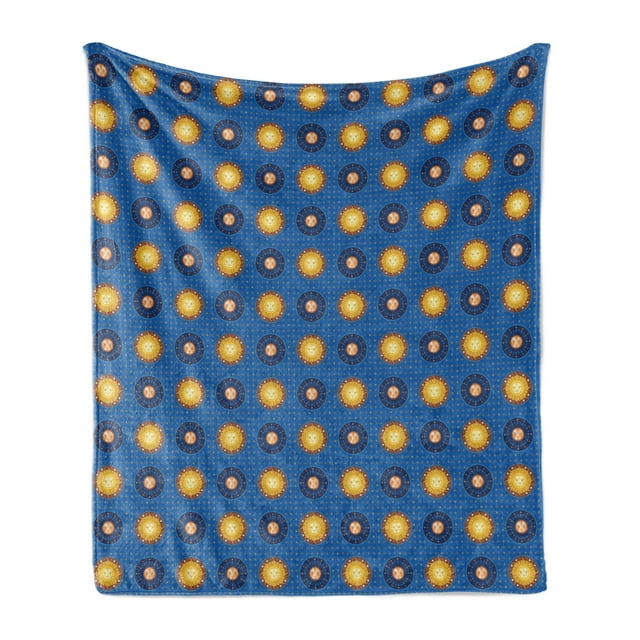 Astrology Soft Flannel Fleece Throw Blanket, Vintage Pattern with Celestial Elements Astronomic Ornaments, Cozy Plush for Indoor and Outdoor Use, 60" x 80", Yellow Brown and Blue, by Ambesonne